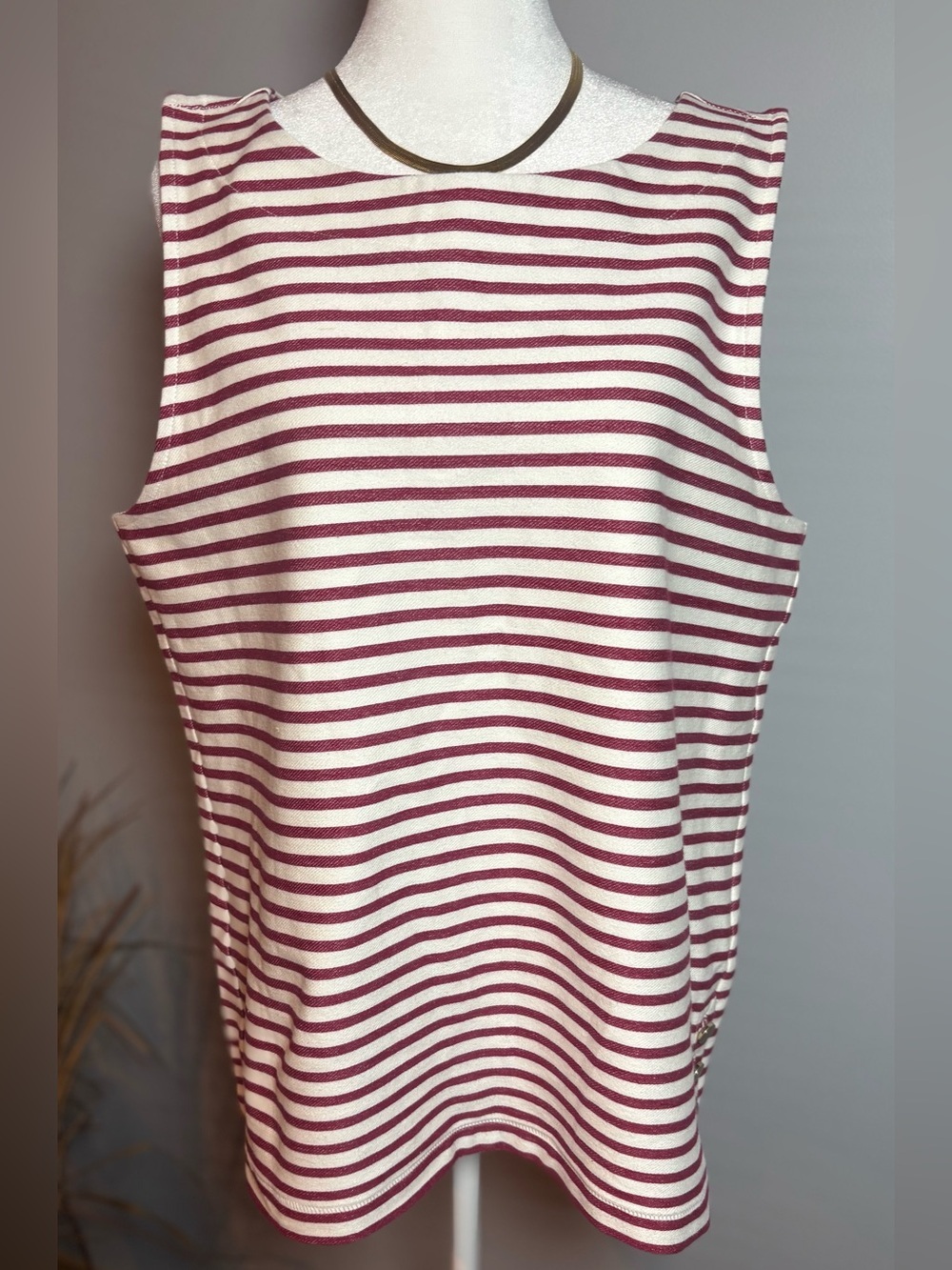NWT Ann Taylor Factory Striped Sleeveless Top L Red White Gold Button Nautical
